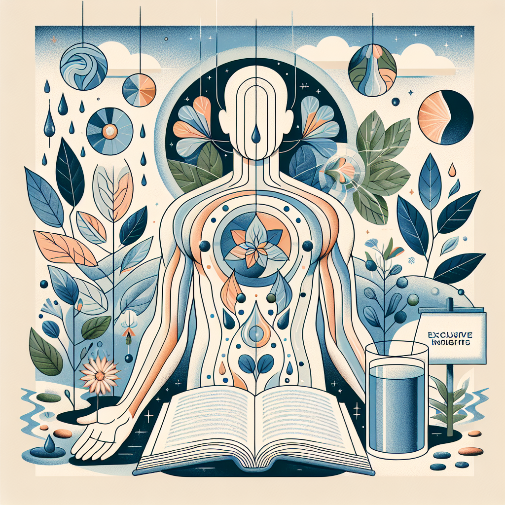 An illustration representing the concept of holistic treatment for ALS. Show an abstract representation of the human body, perceivably gender neutral and without specific ethnicity, interconnected with nature elements, symbolizing the holistic approach. Include a glass of water symbolizing the importance of hydration for the body. Also, include a book marked with 'exclusive insights', symbolizing knowledge and information being passed on. Ensure these components are creatively brought together in a tranquil, comforting setting to suggest relief and healing.