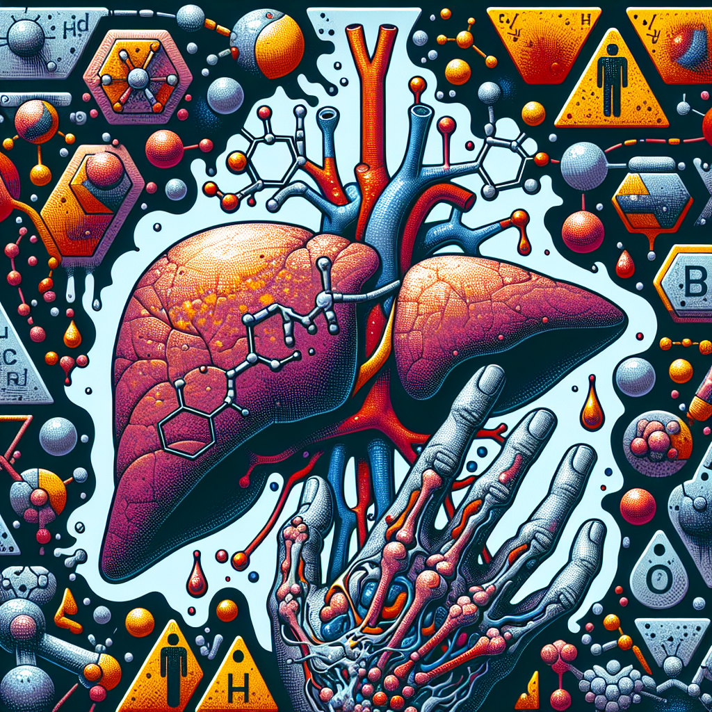 Create a poignant representation of the effects of hydrazine toxicity on the human liver to stimulate thought about the topic. Depict an anatomically accurate, yet abstract representation of a liver in distress, surrounded by symbolic depictions of hydrazine chemical structure. Perhaps there are pictorial storytelling elements of victim narratives woven into the background, subtly hinting at the damage done. Also, treat the image color palette to stark, alarming colors that match the narrative of 'shocking truth'. However, ensure careful balance in details to not drift into graphic or fear mongering representations.