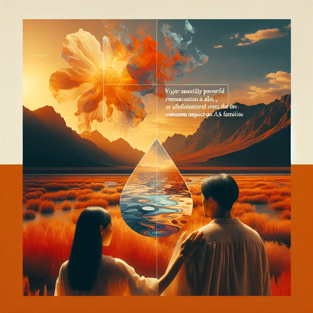 Visualize an emotionally powerful scene tied to Nevada's landscape and the impact of ALS. Begin with a vast desert under a vibrant amber sunset. Integrate an abstract representation of ALS, perhaps a wilted flower or a fragmented reflection in a water body to symbolize the adversity. Capture an Asian pair, demonstrating the consequent emotional strain and resilience, one lightly touching the other's shoulder in a comforting gesture. Overlay the image with subtly translucent, stylish text saying 'Real Water - The Unseen Impact on ALS Families'.