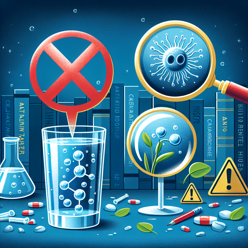 Create an illustrative image that represents the theme of debunking myths related to alkaline water, alongside highlighting the hazards associated with cyanobacteria. In the foreground, depict a sparkling glass filled with alkaline water with a big 'X' hovering above it to signify untruths and debunked myths. Adjacent to it, draw an illustration of a cyanobacteria under a magnifying glass, surrounded by caution signs to symbolize danger. The background should consist of scientific papers and books to signify research and evidence. Use a palette of blues, greens, and reds to highlight the contrast between the two themes.