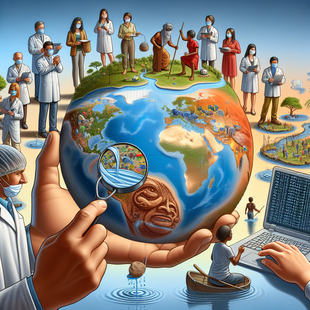 Visualize a detailed scene representing global water issues. Picture a globe where different continents are depicted with iconic water landmarks such as the Nile River in Africa, the Amazon River in South America, the Mississippi River in North America, and the Yangtze River in Asia. Place diversity markers such as a Caucasian male scientist with a magnifying glass on one side examining water samples, a Hispanic female technician on the other side encoding data on a laptop to symbolize monitoring tasks. In the foreground, place a symbolic ALS (Amyotrophic Lateral Sclerosis) mask being removed to reveal a diverse group of people of various descents, like Middle-Eastern and South Asian, signifying the unmasking of disparities.