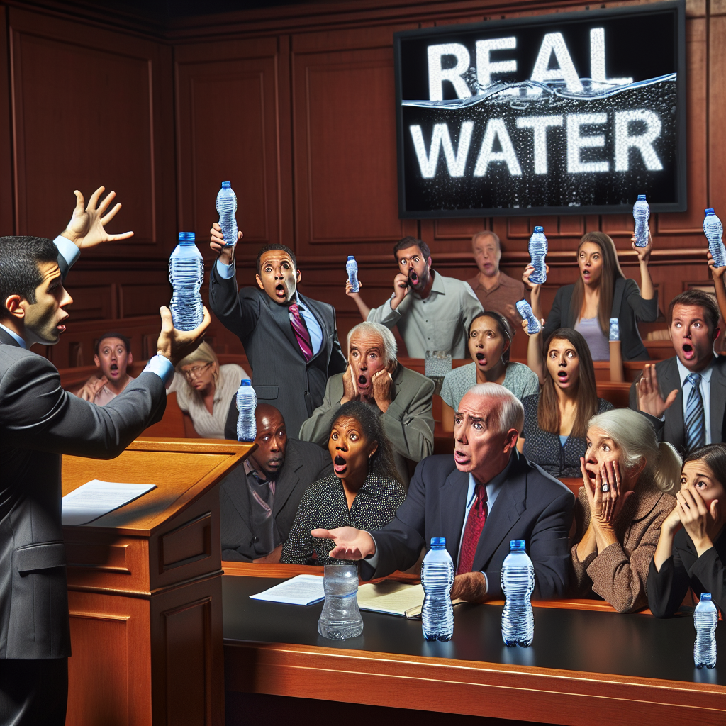 Imagine an intense scene in a courtroom where lawyers are passionately arguing a case related to bottled water regulations. A male Hispanic lawyer on the left is holding up a bottled water item, demonstrating its questionable features, while a female Caucasian judge listens intently from her elevated seat at the center. The spectators, a multi-ethnic and gender mixed crowd, are aghast and shocked as they discover more about the real water lawsuits updates. They have various expressions of shock, disbelief, concern and interest on their faces. Visible in the background is a large screen displaying the words 'Real Water Lawsuits: Shocking Insights into Bottled Water Regulations'.