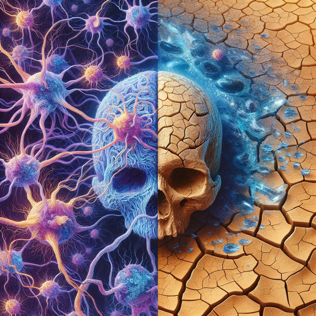Create a powerful composition that reflects the collision of two important global issues. Imagine a half-split image. On the one side, present a close-up view of neuron cells impacted by ALS (Amyotrophic lateral sclerosis), manifesting as tangled, malfunctioning neural connections. Color them in cool blue and purple tones. On the other side, show a parched, cracked earth surface depicting global water scarcity, the colour palate dominated by warm yellows and browns. Pay attention to seamless blending of these two contrasting halves to underline the interconnectedness of health and environmental issues.