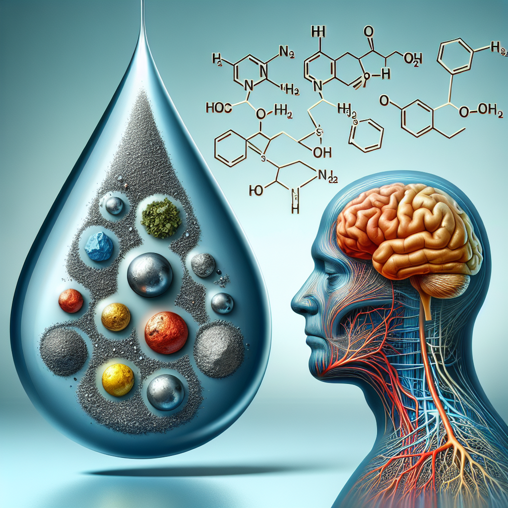 Represent a conceptual scientific image illustrating a water droplet, implying that it is impure, with heavy metals such as lead, arsenic, and mercury visibly suspended in it. A stylized depiction of ALS development process can be seen directly linked to the polluted water droplet, possibly represented by a schematic of a human brain also displaying the signs of neurodegenerative disease. The image should exhibit a sense of concern, striving to reveal the shocking connection between heavy metals water exposure and ALS onset. An overlay of chemical structures of heavy metals could also be integrated for added detail, thereby drawing the viewer's attention to the science behind the issue.