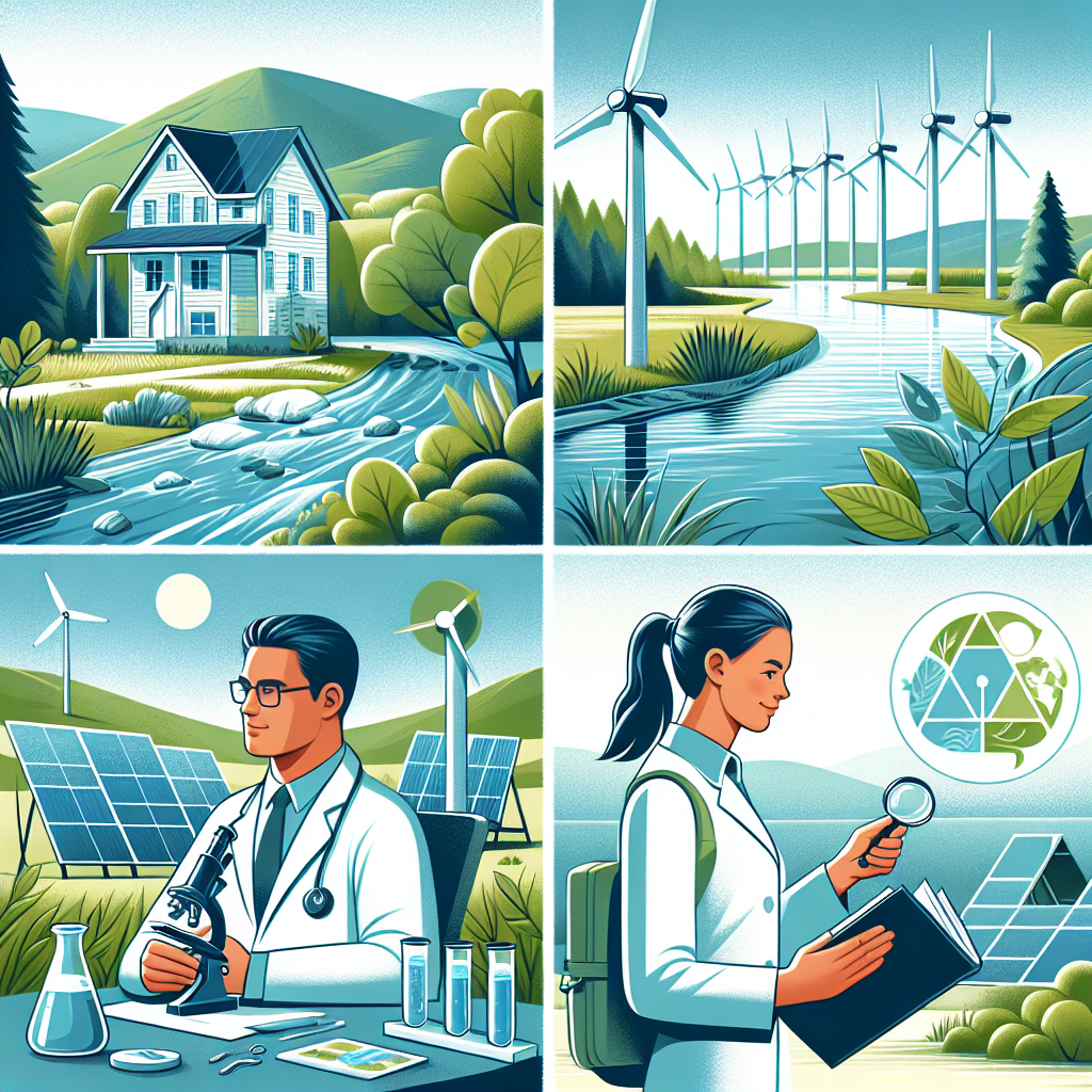 Depict a serene and life-filled environment with clear rivers and lush green forests. In the background, show a well-built windmill and solar panels indicating clean energy. Also portray a Caucasian woman scientist studying water under a microscope to signify water testing. Further, illustrate a Hispanic man referring to a guide book emphasizing guidance. Subtle symbols and graphics emphasizing the minimal environmental impact, like a low carbon footprint symbol, can be included. The primary color tone for the image should be natural and calming, reflecting wellbeing and sustainability.