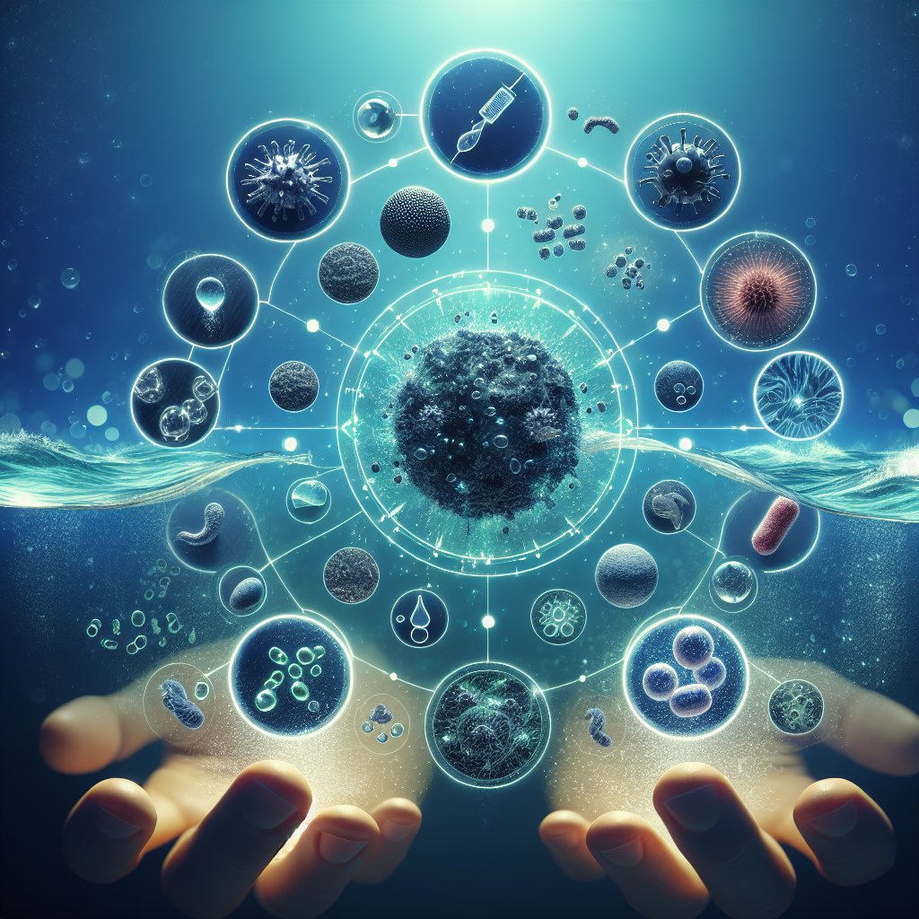 Visualize a scientific conceptual framework showcasing ALS Antioxidants combatting waterborne illnesses. At the heart of the image, showcase a stylized representation of antioxidants, depicted as glimmering particles. Encircling this, depict various waterborne pathogens depicted as dark shadowy forms. Emphasize the dichotomy between the vibrant antioxidants and the menacing diseases. The whole scene fades into a background filled with aqua blue tint, signifying the water environment. On the bottom of the image, creatively incorporate the text: 'ALS Antioxidants: Powerful Prevention Against Waterborne Illnesses' in a bold, readable font.