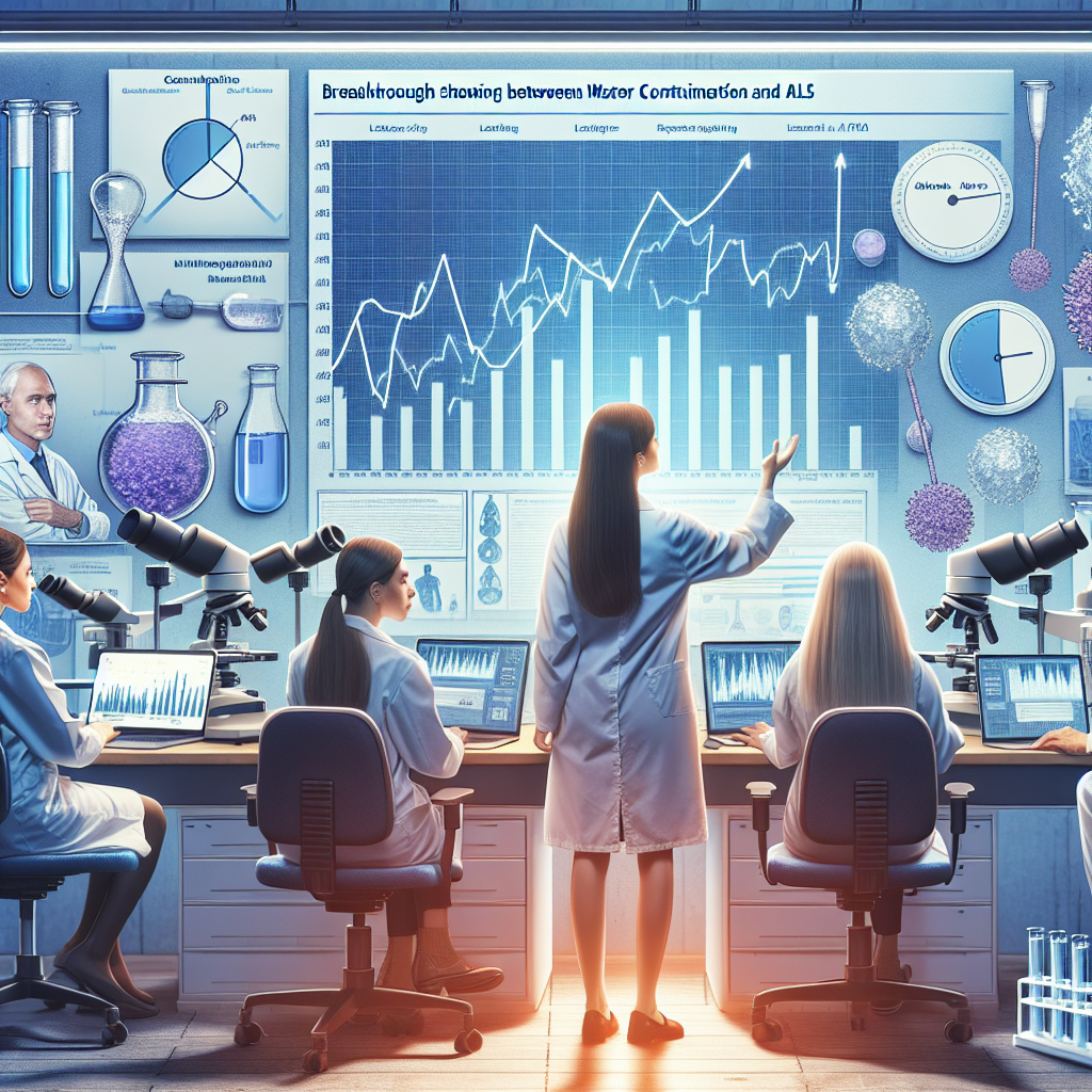 Generate an image illustrating an insightful representation of women in different occupations including a scientist, a doctor, and a researcher, all engrossed in their work in a lab. They are looking at a breakthrough revelation in a data chart display showing the correlation between Water Contamination and ALS. The lab should be filled with typical scientific equipment like microscopes, vials, laptops. The women shown should be of different descents: Caucasian, South Asian, and Hispanic. The chart should clearly indicate a significant breakthrough, symbolized through drastic graph changes.