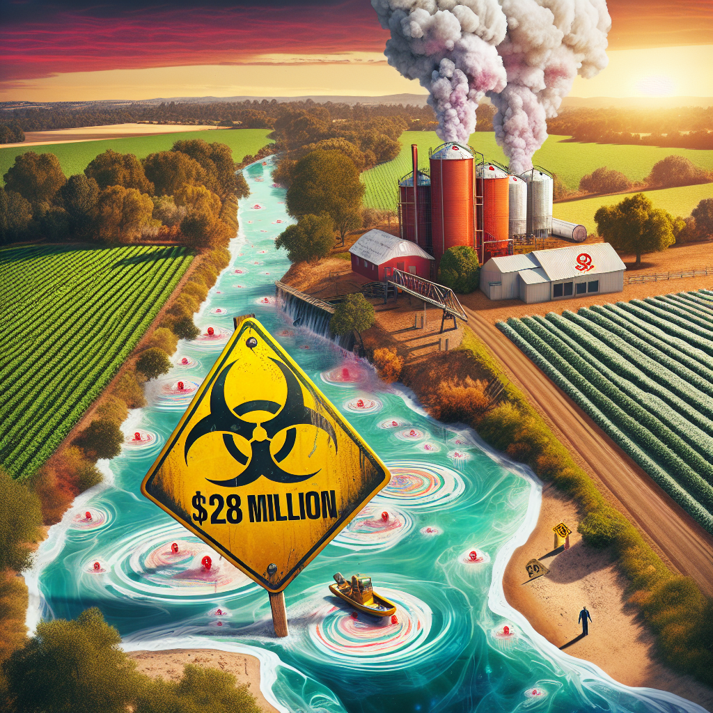 Create a striking scene depicting the concept of pesticide runoff, reflecting its environmental impacts and the threat to public health that it represents. Include a river tainted with a chemical sheen, nearby agricultural fields liberally sprayed with pesticides, and illustrative signs depicting biohazard warning symbols. Also include an abstract number, '$228 Million', floating above the scene to symbolize the historic settlement. Capture an overall photorealistic look, merged with surreal elements embodying the severity of ALS risk and the important transition these settlements signify in terms of corporate responsibility.