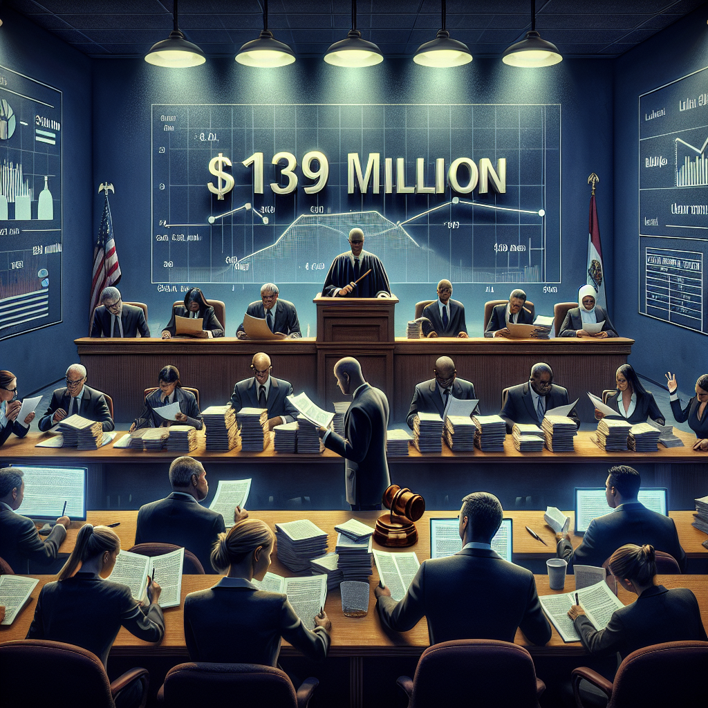 Visualize a dramatic courtroom scene with a highly tense atmosphere. Multiple lawyers, featuring a balanced mix of gender and descent - Caucasian, Black, Hispanic, Middle-Eastern and South-Asian, are poring over stacks of documents, defending their respective stances. Prominently featured in the background is a large well-lit sign displaying '$129 Million'. Additional elements include diagrammatic representations of water quality test results and legal agreements. A gavel is poised to strike, symbolizing the imminent decision. The room is filled with a sense of anticipation and seriousness.