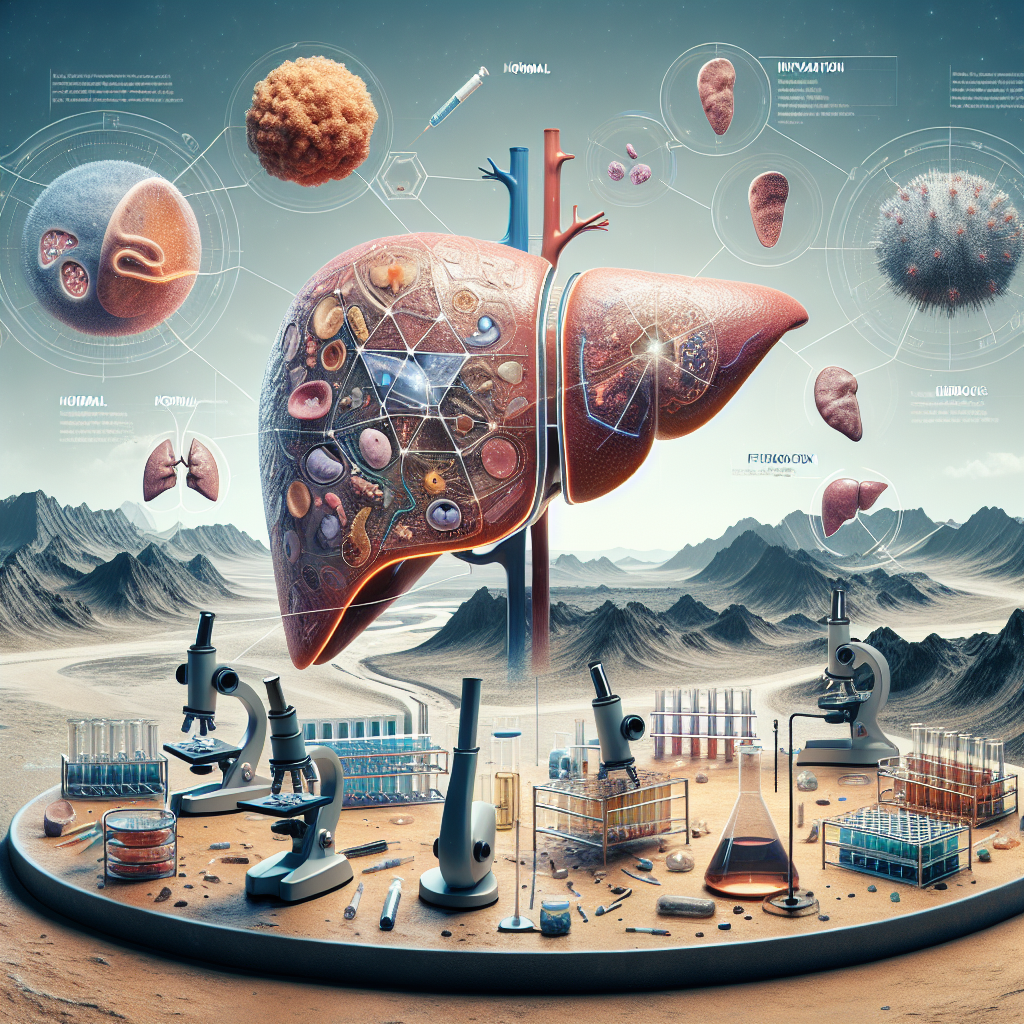 Create a comprehensive visual representation for an article about the science of liver damage. The panorama should include a large, detailed diagram of a human liver divided into sections, each representing different stages of liver damage: normal, inflammation, fibrosis, and cirrhosis. Each section should show microscopic views of liver cells under different stages of damage. Additionally, incorporate scientific equipment like microscopes, test tubes, and petri dishes to symbolize research and investigation. In the background, depict the stark landscape of Nevada, with its vast deserts and clear skies, representing the location of the operation. Ensure to maintain medical accuracy and sophistication in the visuals.