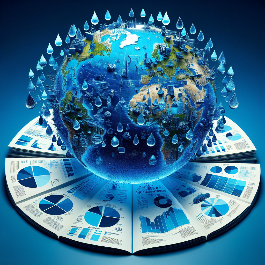 Generates a vivid and high-definition image of a rotating globe made entirely of clean, blue water. Scattered across the water-globe are numerous water droplets, each one containing a different iconic monument or terrain from various continents to signify different geographical locations. At the center of this symbolic representation of global water issues is a split open book, presenting pages filled with data graphs, pie charts comparing ALS disparities in various regions, and essential guides related to the subject matter. This visual amalgamation underlines the theme of 'Global Water Issues and ALS disparities'.