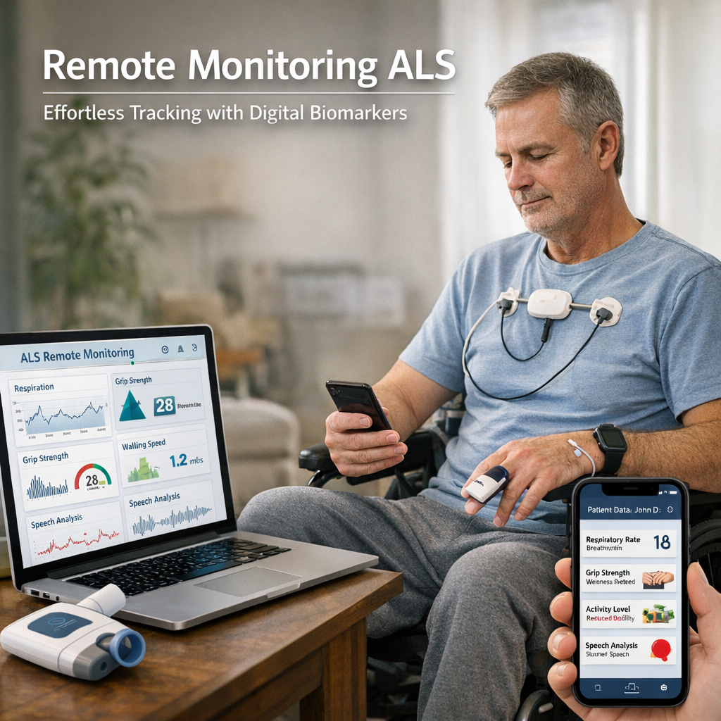 Illustration of Remote Monitoring ALS: Effortless Tracking with Digital Biomarkers